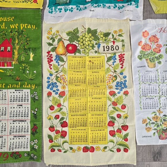 Vintage Decorative Calendar Tea Towels 1979-1983 Lot Of 7 Mixed Design Cotton Li - Picture 4 of 9